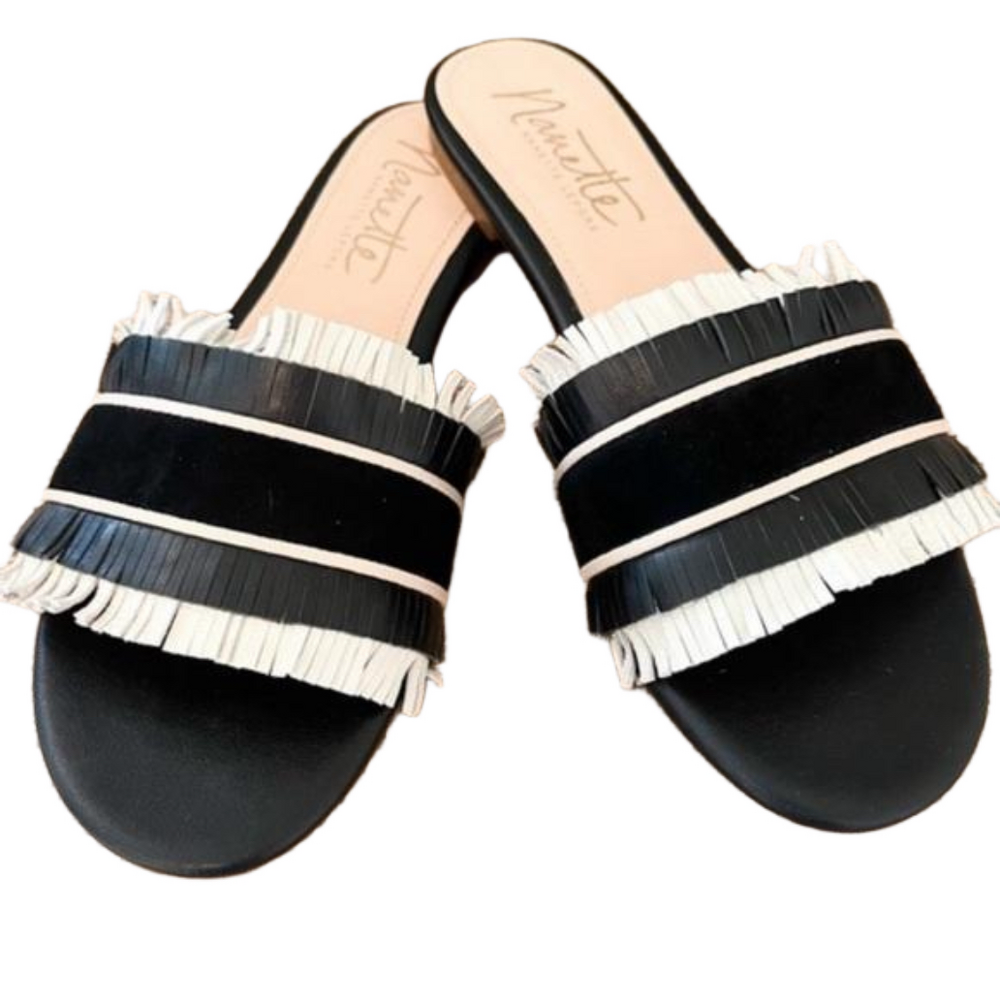 Nanette Lepore Black and White Leather Fringe Sandal Size 8.5